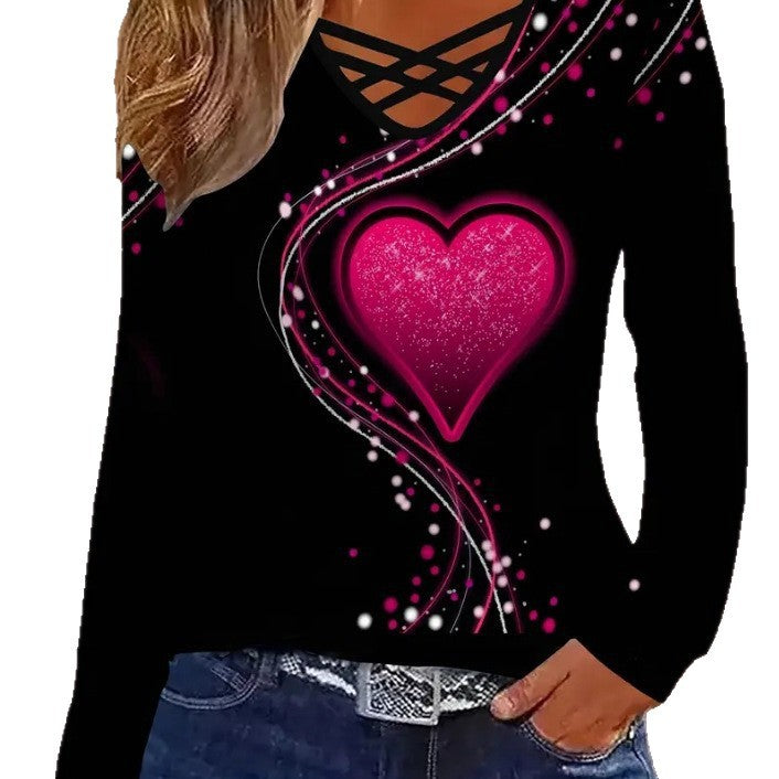 Women's Casual Long Sleeve Top With A Heart Patterned V Neck