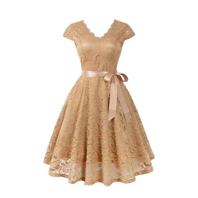V-neck Patchwork Lace-up Wide Hem Lace Dress