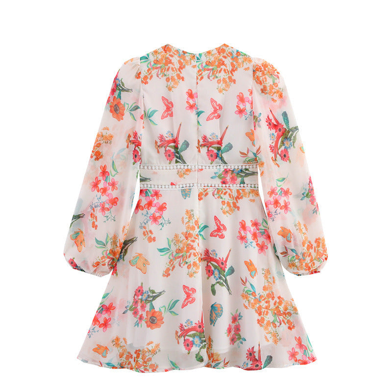 Summer Small Floral Flower Printed V-neck Tight Waist Patchwork Edge Dress