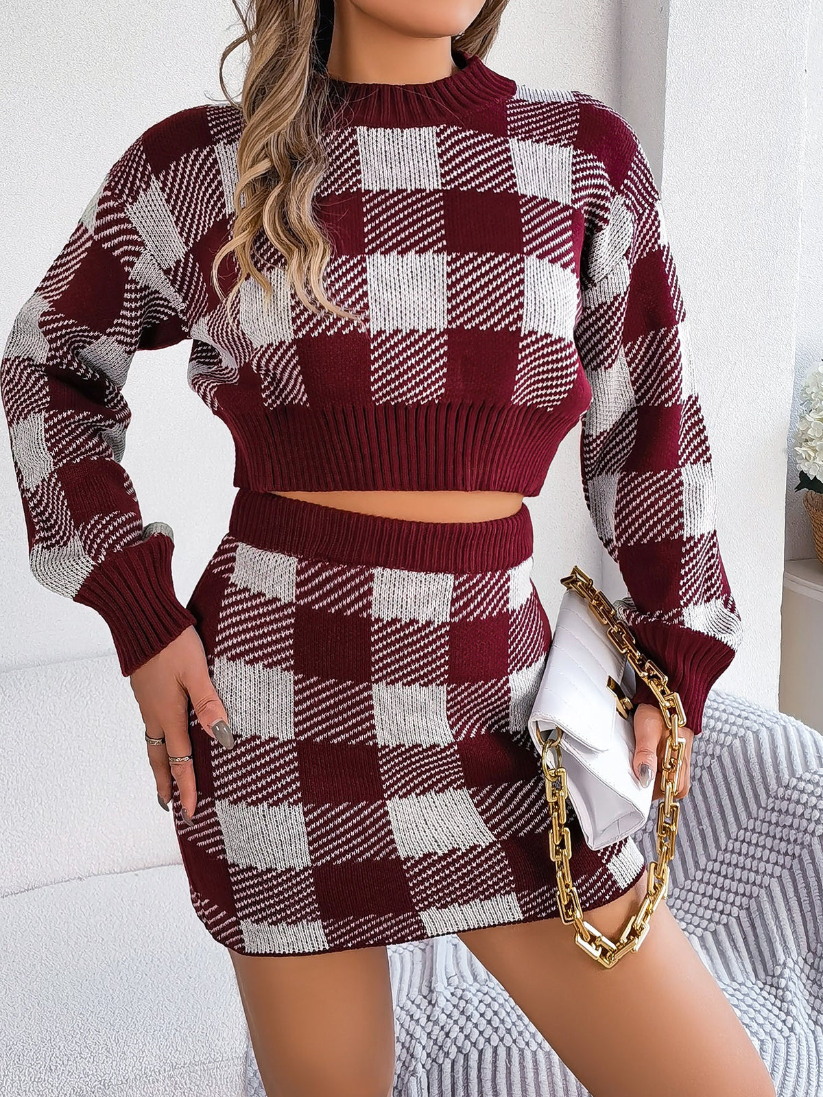 Women Casual Color Block Plaid Long Sleeve Cropped Sweater & Skirt Set