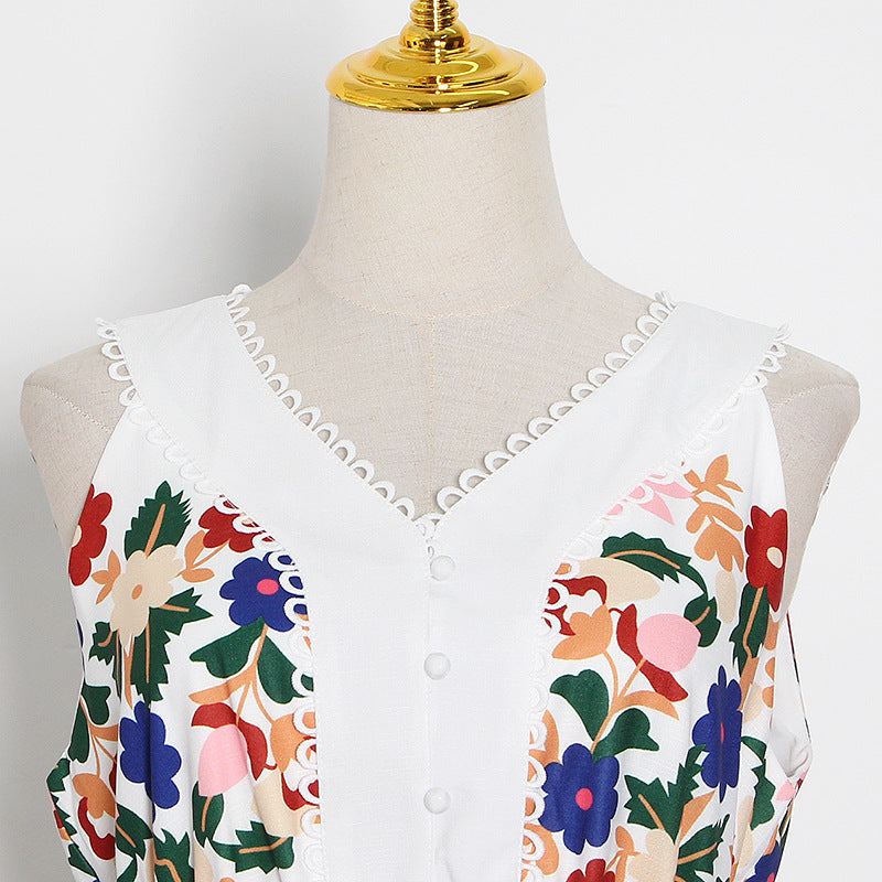 European And American Printed Ruffles Dress Summer New V-neck Sleeveless Patchwork Long Dress Women