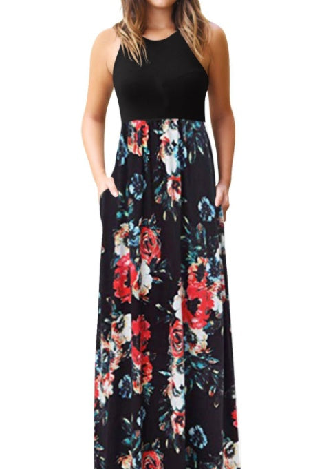 11 Color Sexy Sleeveless Round Neck Printed Patchwork Dress For Women