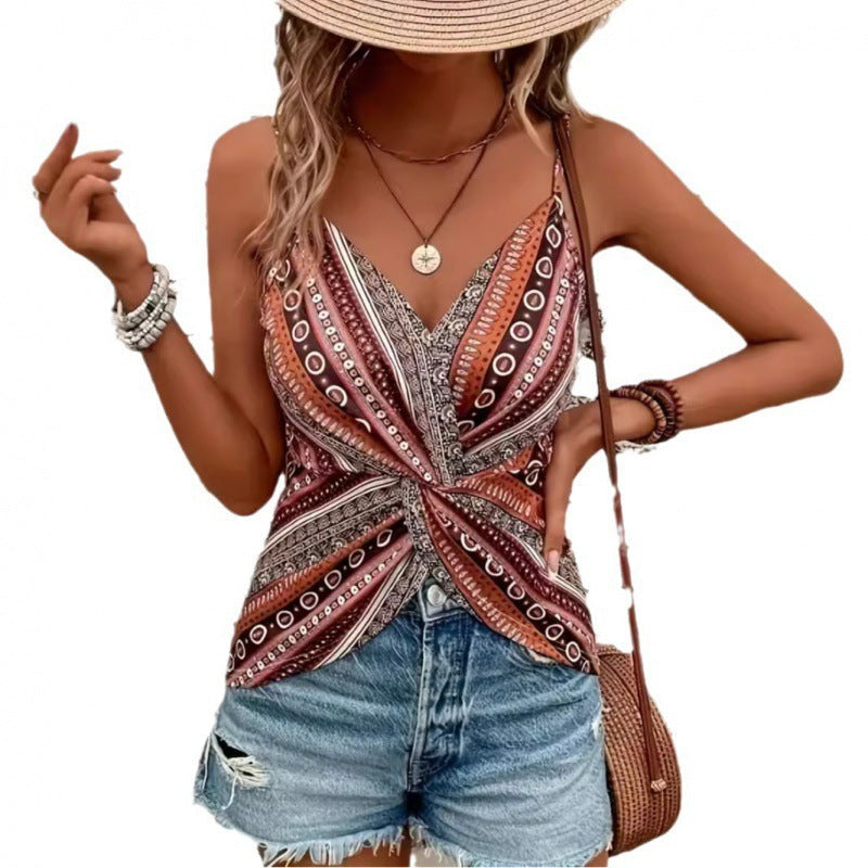 New European And American-style Ethnic Retro Italian Spaghetti Chain Print Knotted Sexy V-neck Camisole