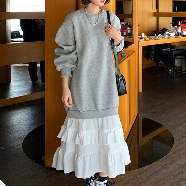 Idle Style Color Contrast Patchwork Ruffled Sweater Dress Women