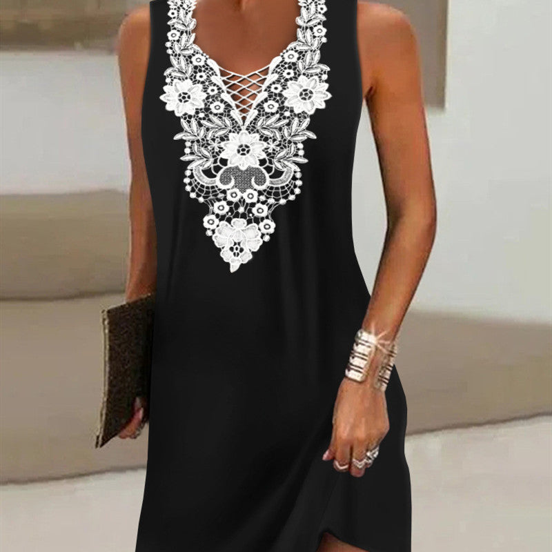 Summer Black Neck Print Dress