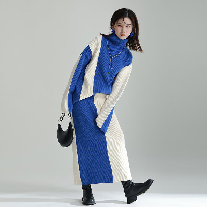 Black And White Color Contrast Patchwork Sweater Skirt Suit