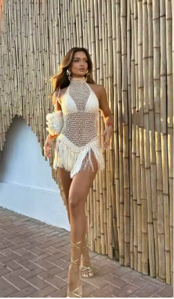 Round Neck Hollow Backless Tassel Beach Dress