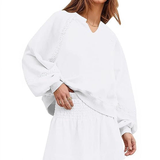 Women's Casual Lace Lantern Long Sleeve Solid Color Loose Top