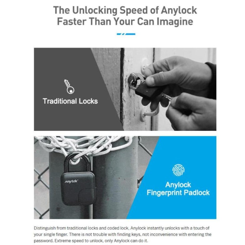 ANYTEK L3 Smart Fingerprint Padlock - IP65 Waterproof Biometric Security Lock with USB Rechargeable Battery | Keyless Entry for Gym, Locker, Bike, Gate