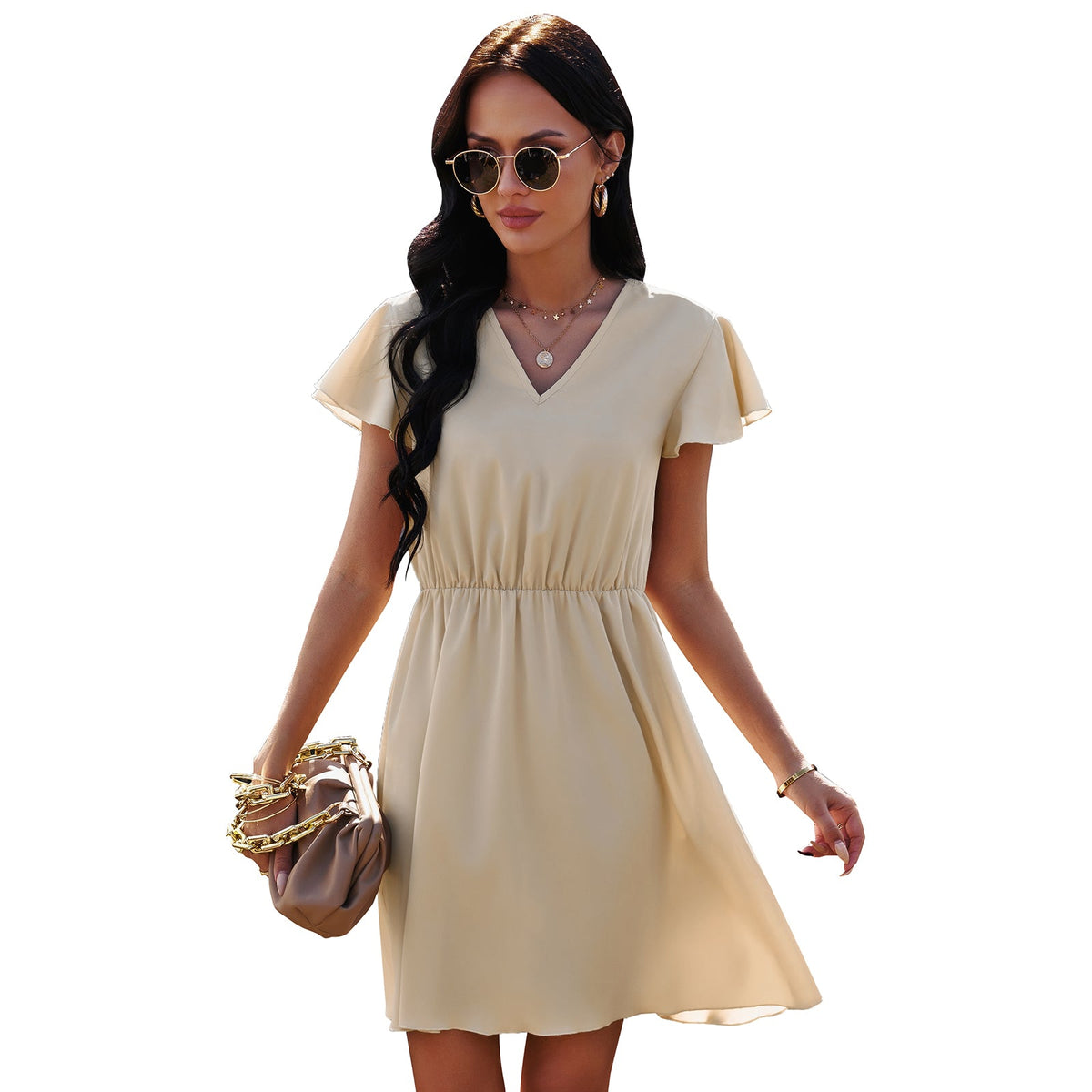 Fashion V Neck Lace Chiffon Backless Dress
