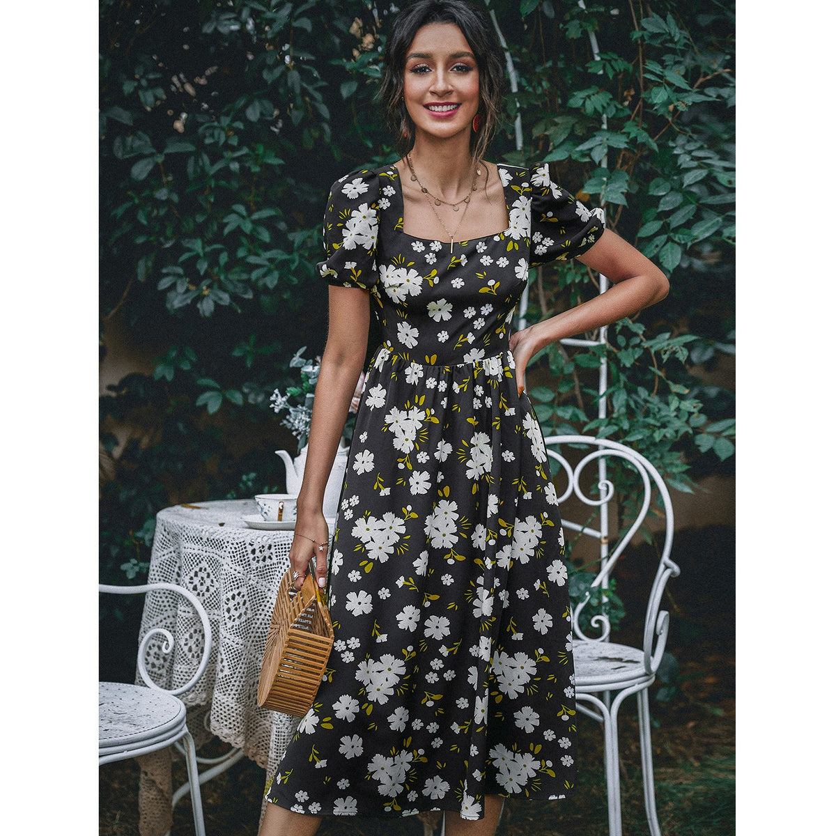 Square Neck Skirt Fashion Print Backless Dress