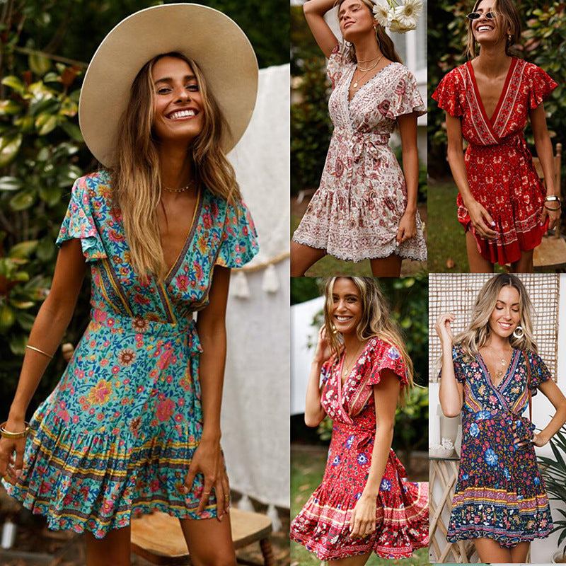 Summer V-neck sexy bohemian print dress skirt women