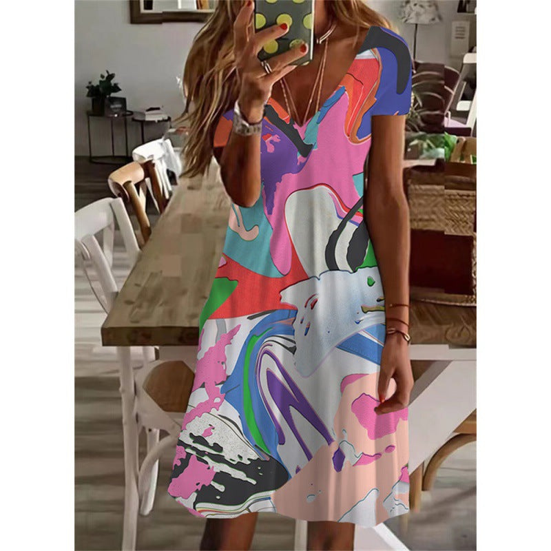 Summer V-neck Short Sleeve Women Dress