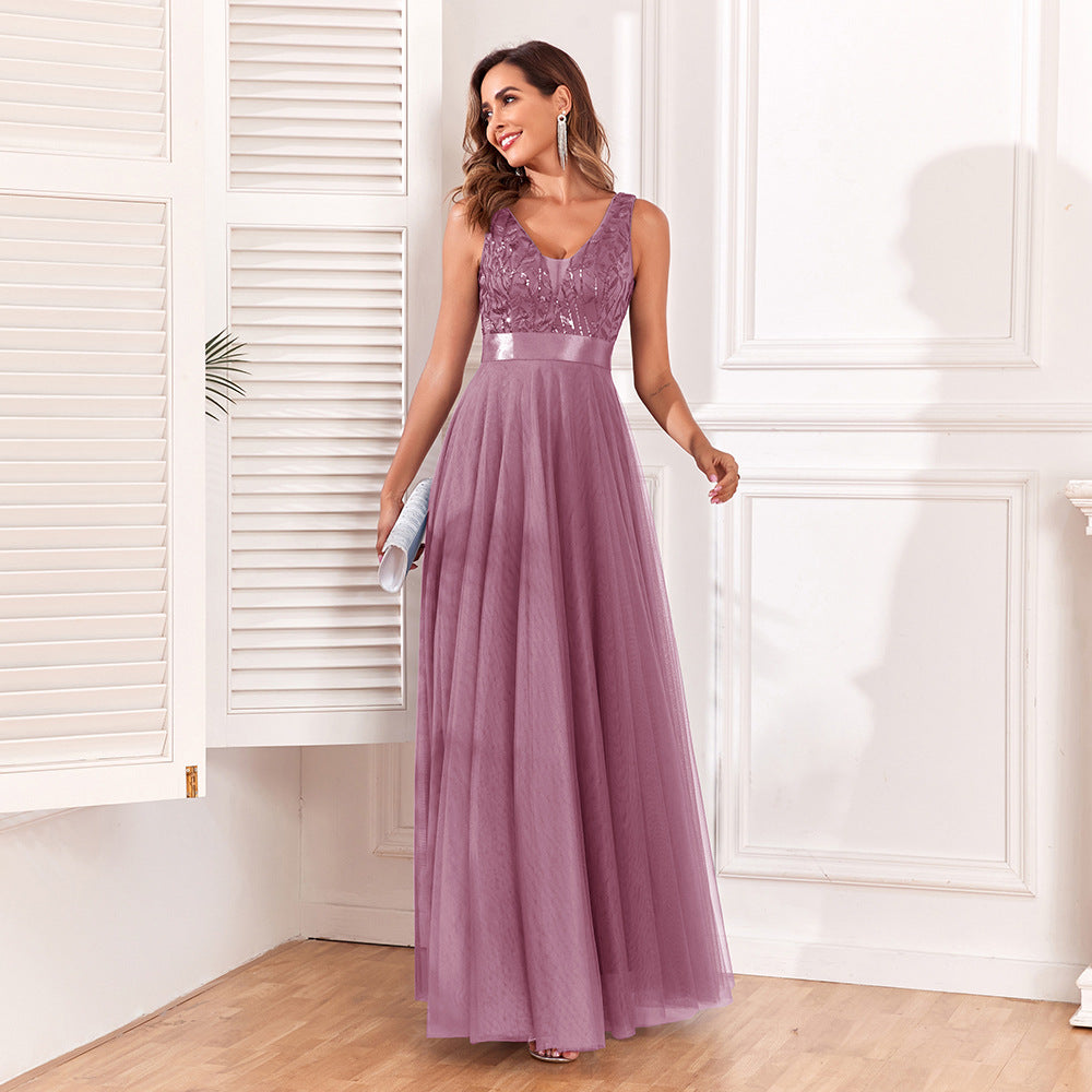 Patchwork Stretch Waist Sleeveless Double V-neck Evening Dress