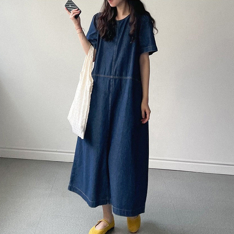 Summer Retro Temperament Crew Neck Bright Line Denim Dress Women