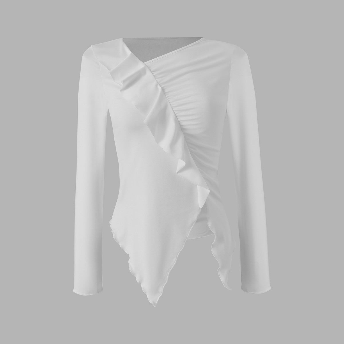 Pleated Ruffled Edge Square Neck Long Sleeve Base Shirt