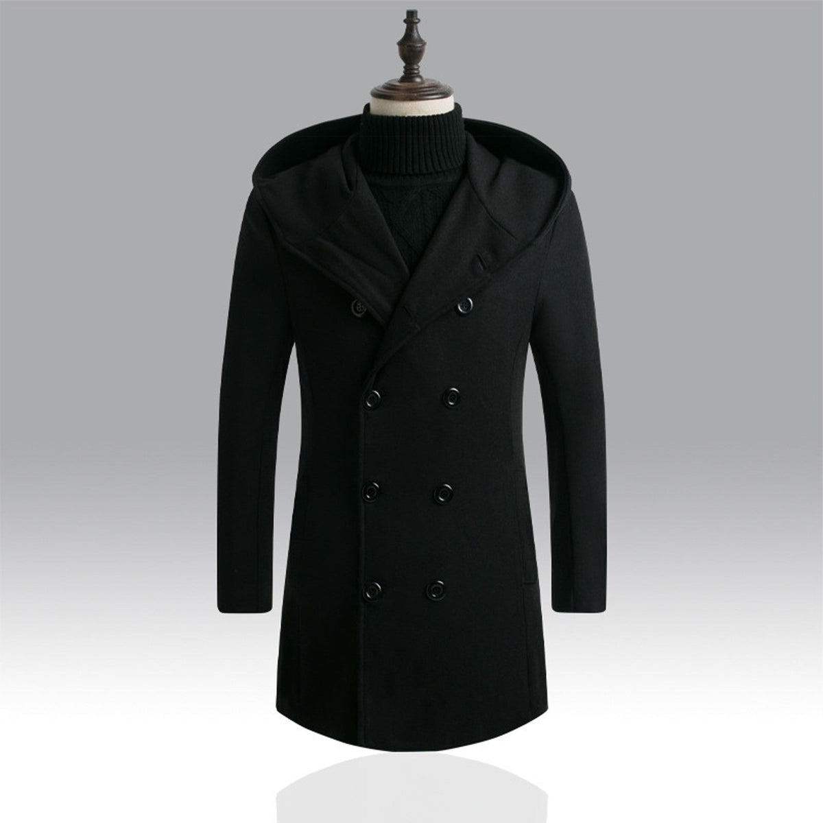 Men's Mid-Length Woolen Coat Padded Hooded Trench Coat