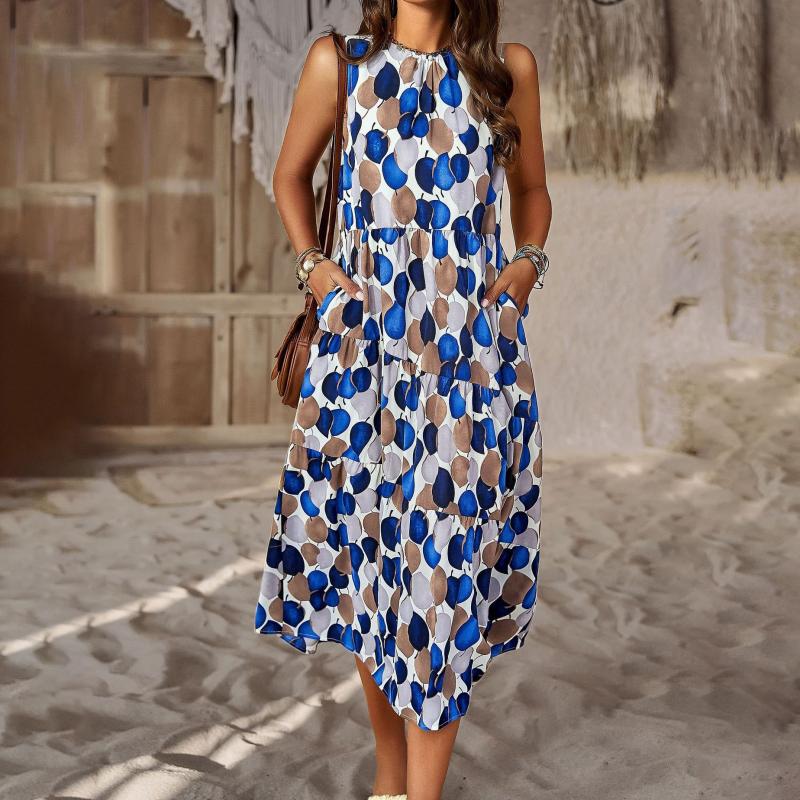 Digital Printing Patchwork Round Neck Dress