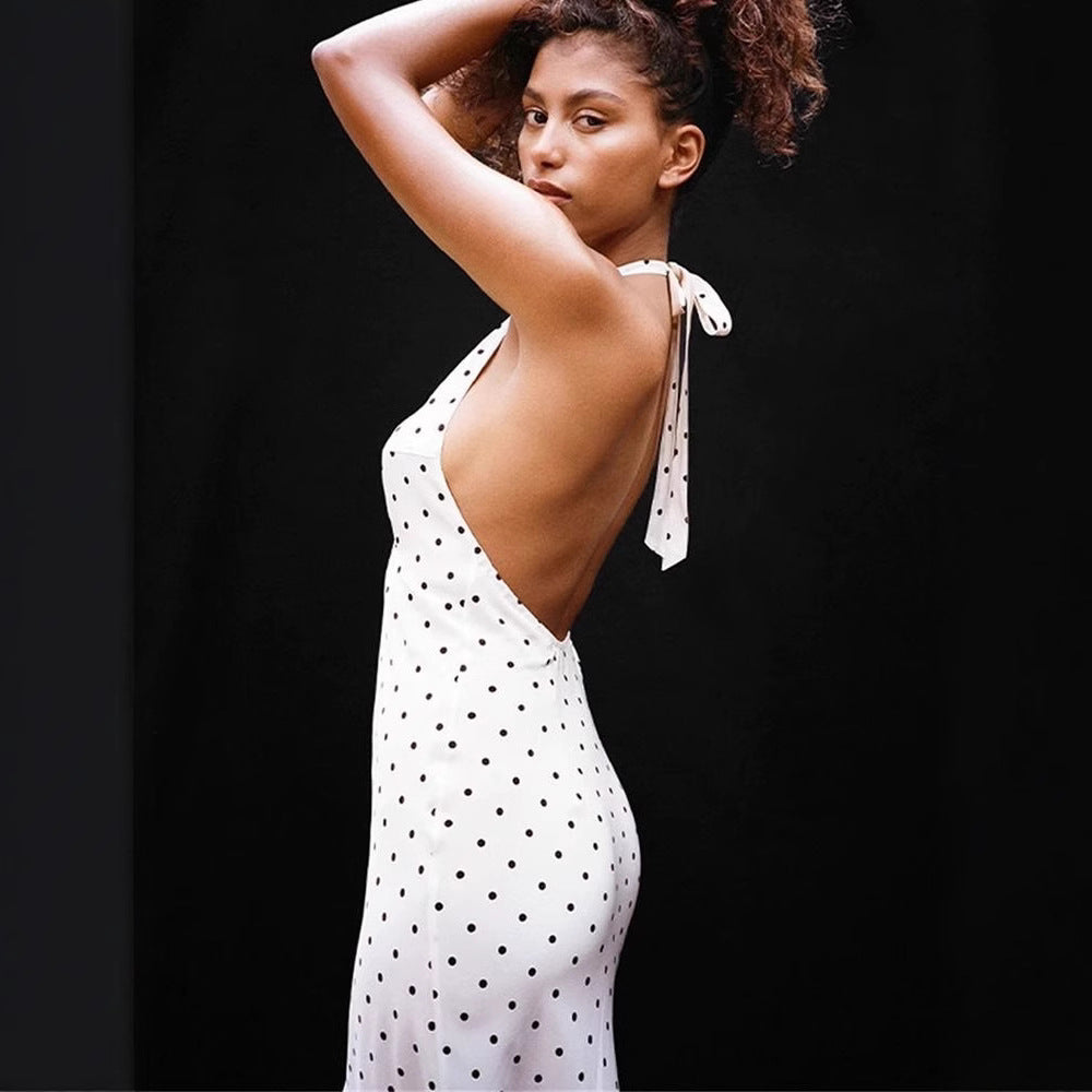 Retro V-neck Halter Slimming Dot Sexy Backless Dress