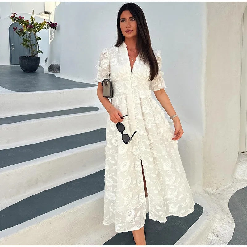 V-neck Puff Sleeve Dress White Embroidered Women