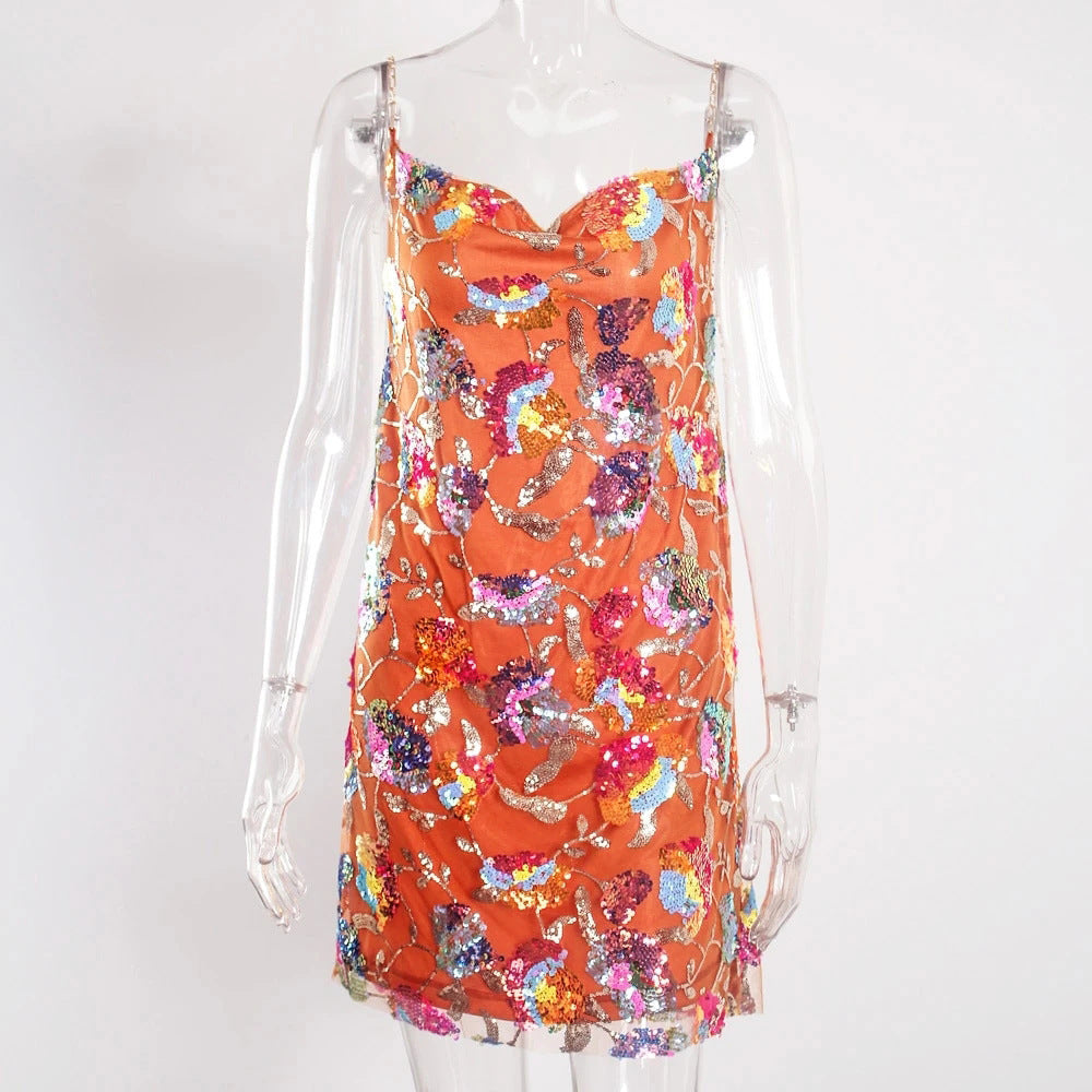 Women's Off-neck Backless Sequined Floral Chain Short Dress