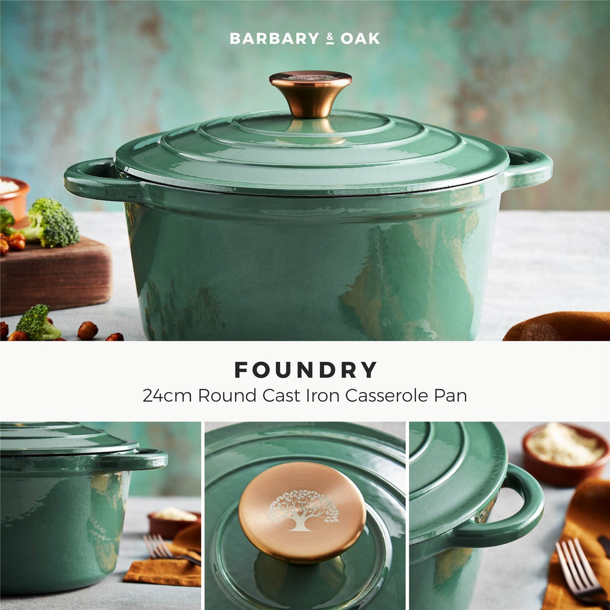 Barbary & Oak 24cm Round Cast Iron Casserole Dish Green