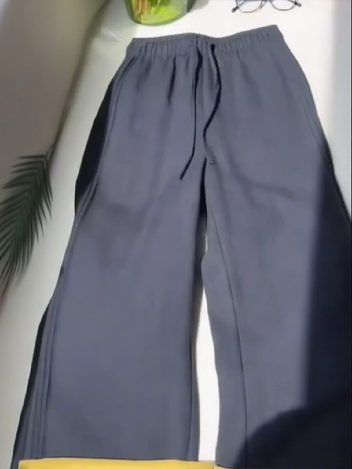 Ladies New Holiday Leisure Pure Color All-matching Drawstring Button Straight-leg Wide-leg Pants