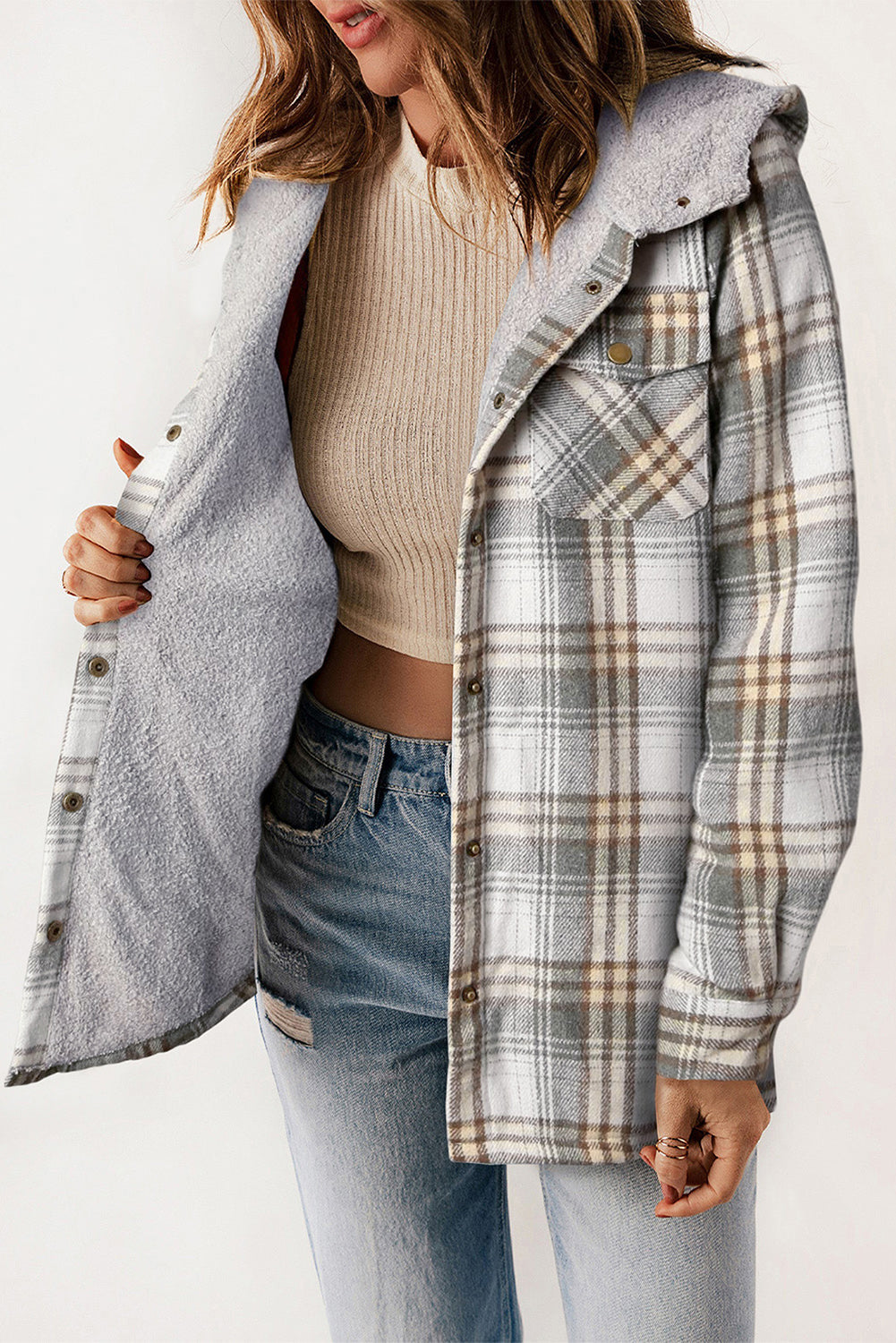 Plaid Pattern Sherpa Lined Hooded Shacket