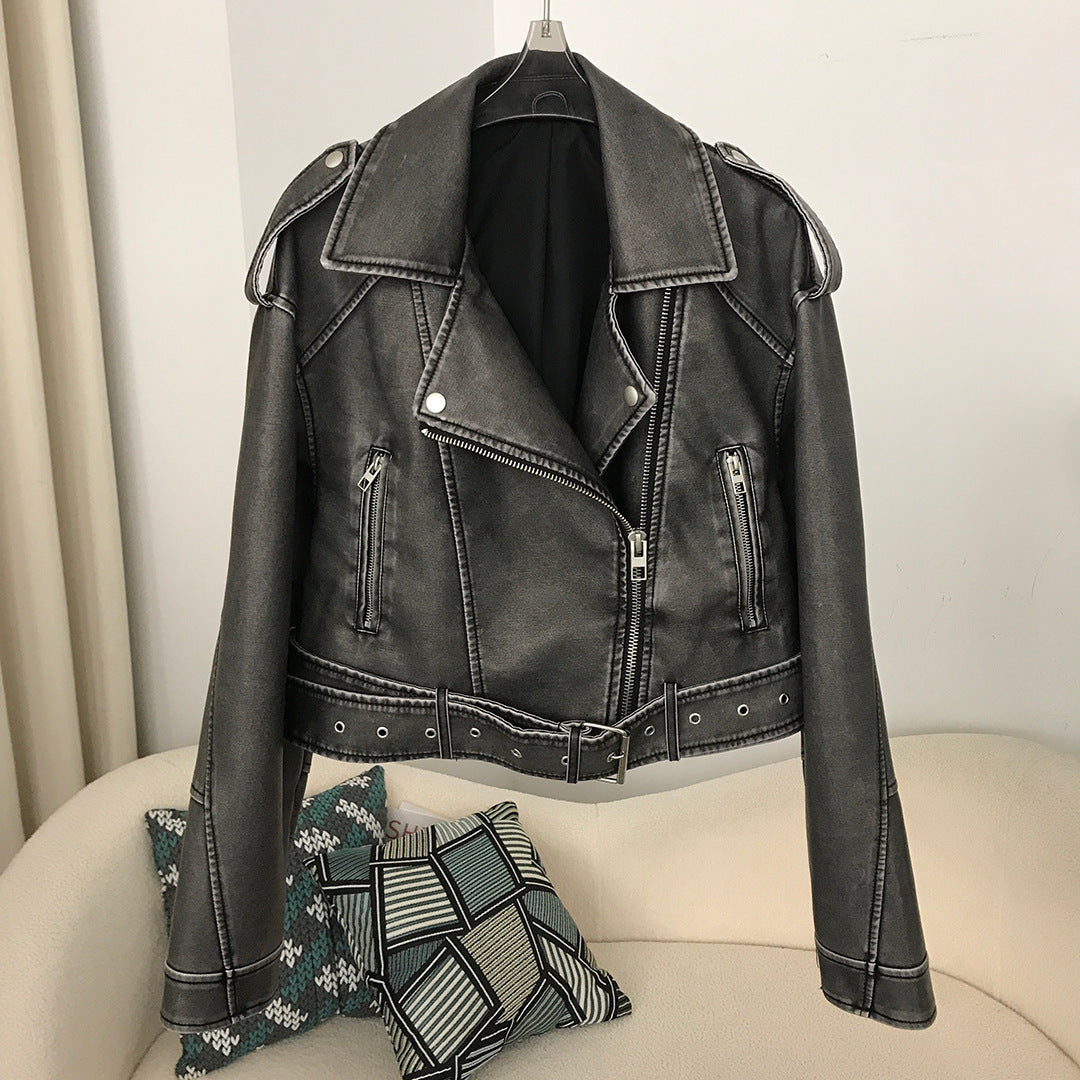 Women's Spring And Autumn Lapel Short Fashionable Casual Figure Flattering Leather Coat