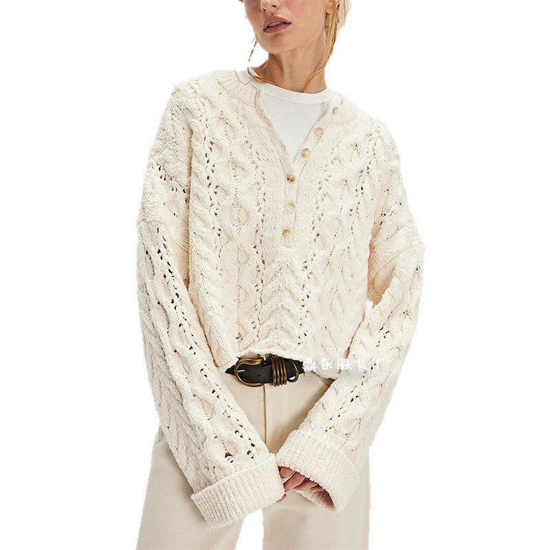Cable Loose-fitting Solid Color Pullover Sweater