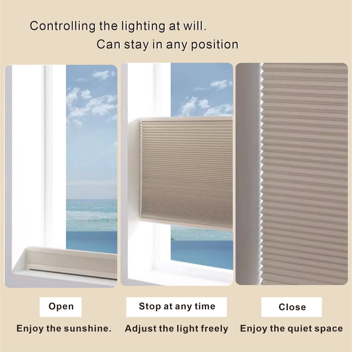 Raised Flag Day-Night Shade With Remote Control And Solar Panel-Full Blackout Motorized Shades For Home And Office-Cordless Organ Shade-Cordless Cellular Shade-Khaki