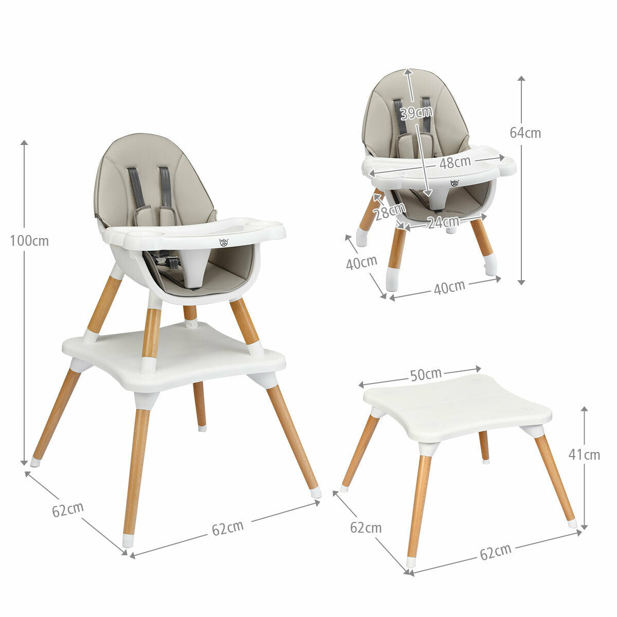 4 in 1 Baby High Chair Infant  Feeding Seat-Grey