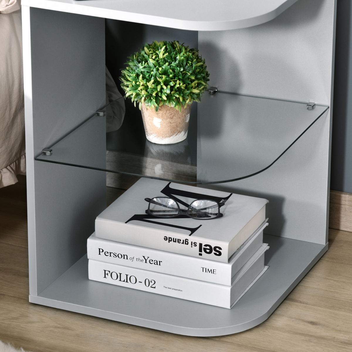 HOMCOM Modern Side Table Three Layer Bedside Table w/ Storage Shelves, Grey