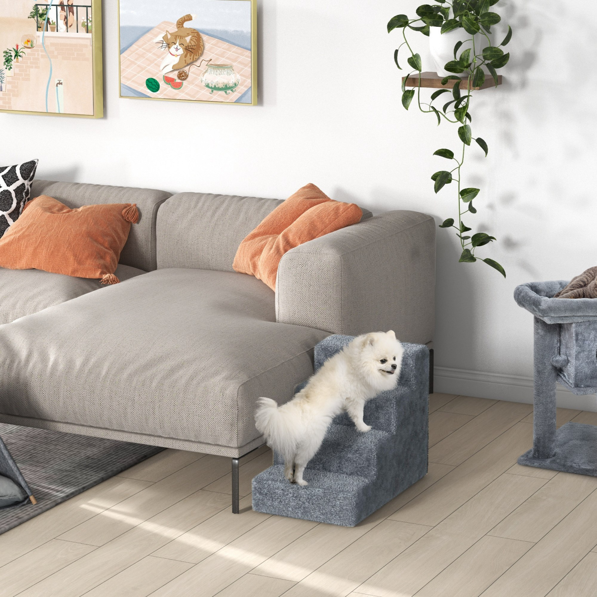 Portable Dog Stairs with Washable Plush Cover, for High Bed Sofa - Light Grey