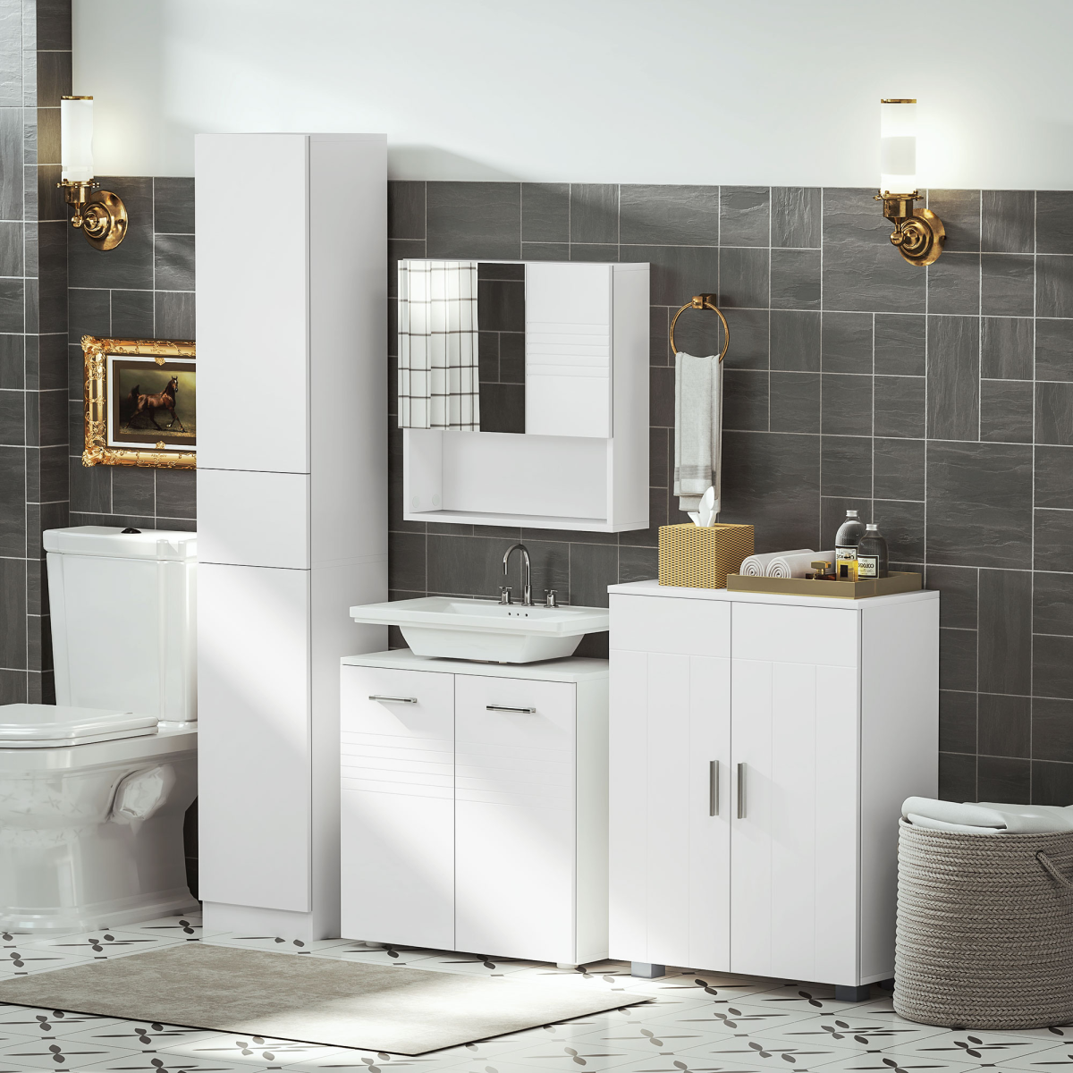 Modern Bathroom Floor Cabinet,  with 3 Tier Shelves, White