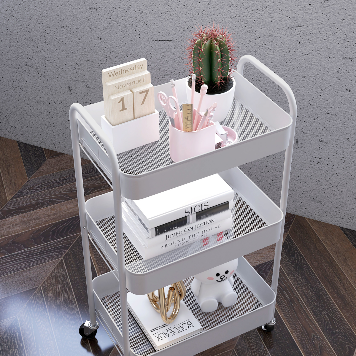 HOMCOM 3 Tier Rolling Utility Cart with 3 Mesh Basket, White