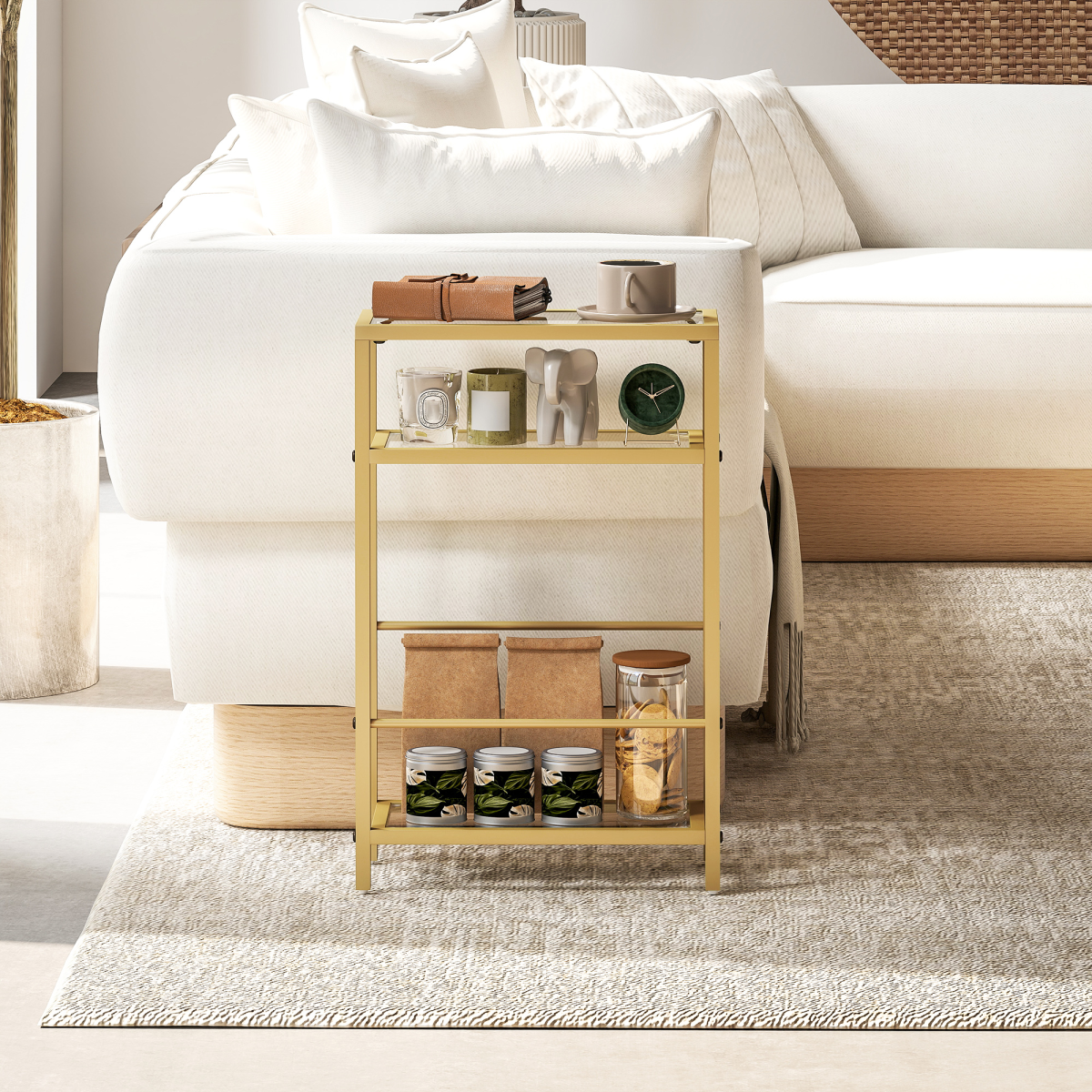 HOMCOM Slim Side Table, End Table with Tempered Glass Tabletop, Gold