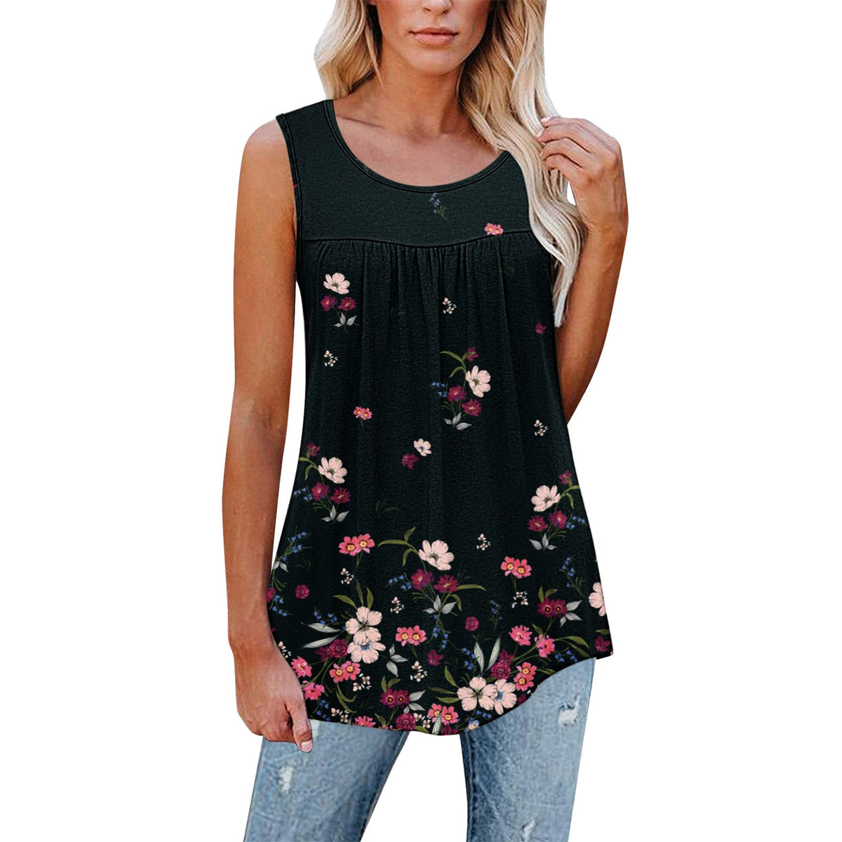 Flower Print Sleeveless Pleated Casual Loose Vest T-shirt Women's Clothing