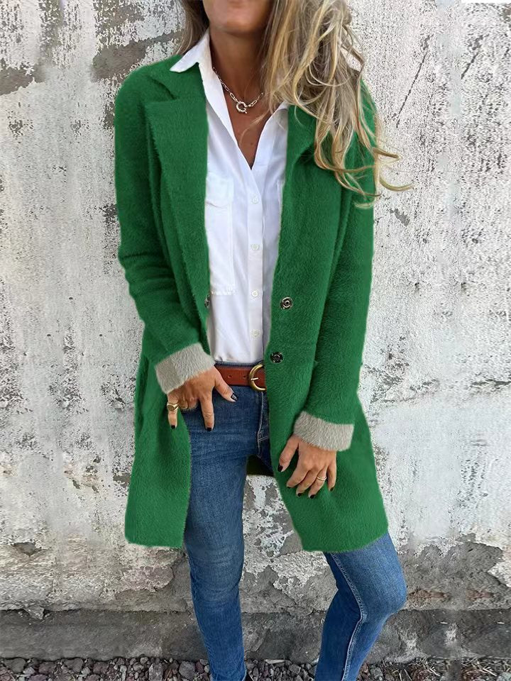 Polo Collar Pocket Cardigan Single-breasted Mid-length Plush Coat