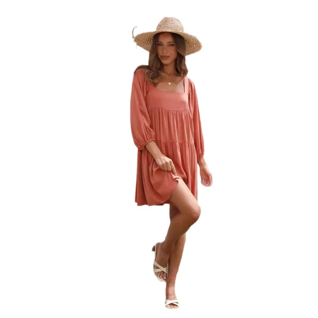 Pullover Square Collar Puff Sleeve Solid Color Backless Dress Children