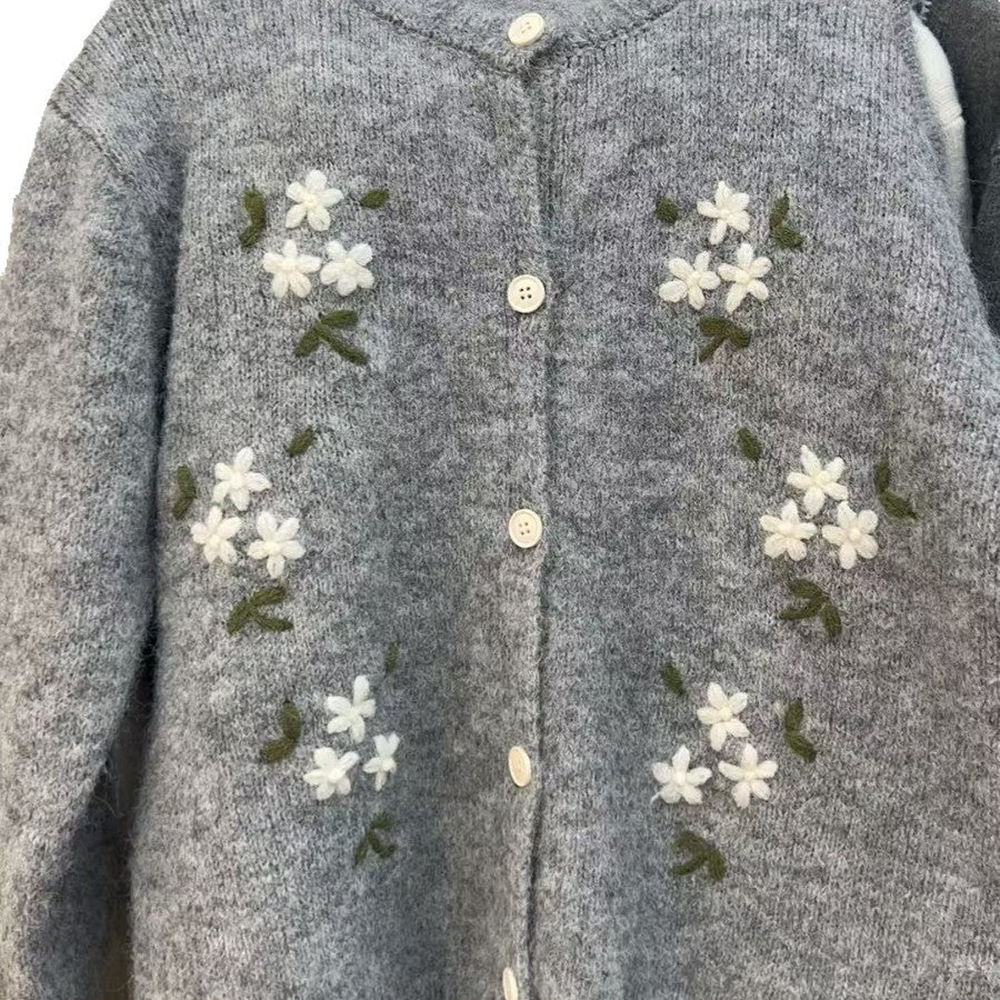 Korean Style Round Neck Embroidered Knitted Cardigan Sweater Coat