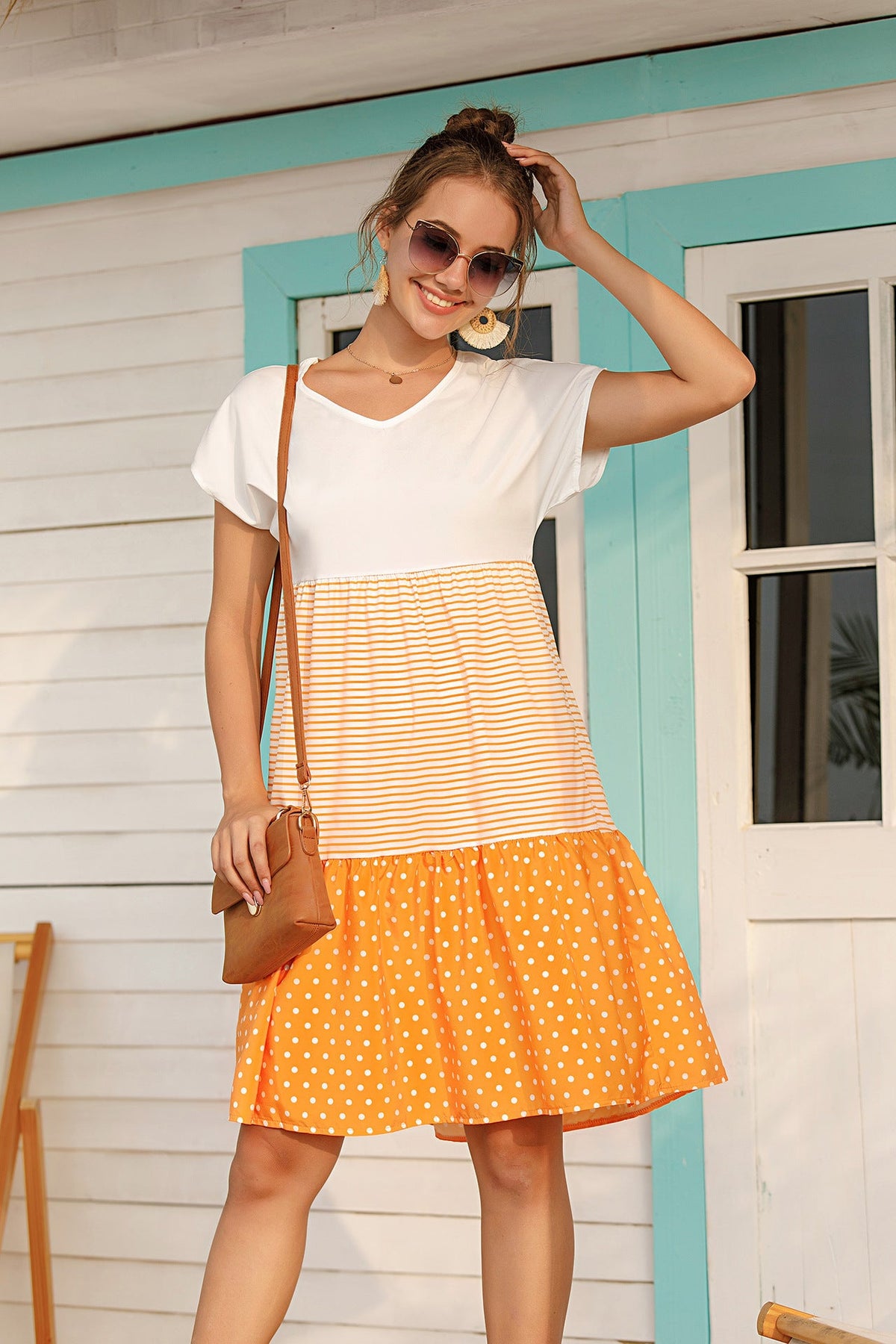 Patchwork Polka Dot V-Neck Short Sleeve Dress Women's
