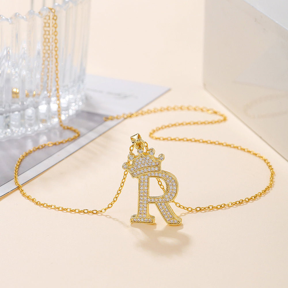 1PCS Fashionable Gold Diamond Crown Uppercase Letter Popular Pendant Necklace Suitable For Daily Use Festivals Parties Gifts Jewelry Set