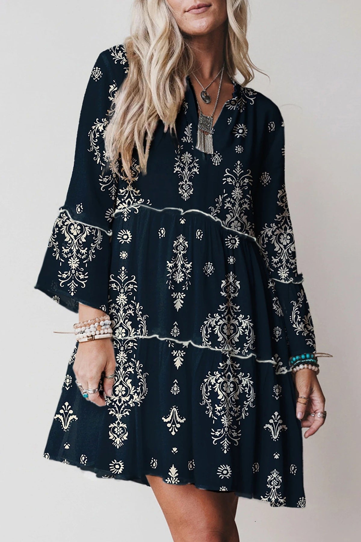 Women's V-neck Printed Ruffle Pleated Elegant Dress