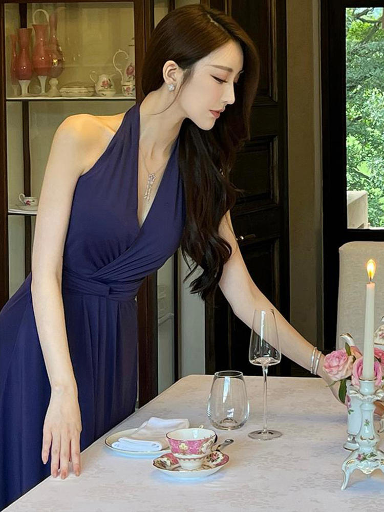 Summer French Style Temperament Backless Halter Dress