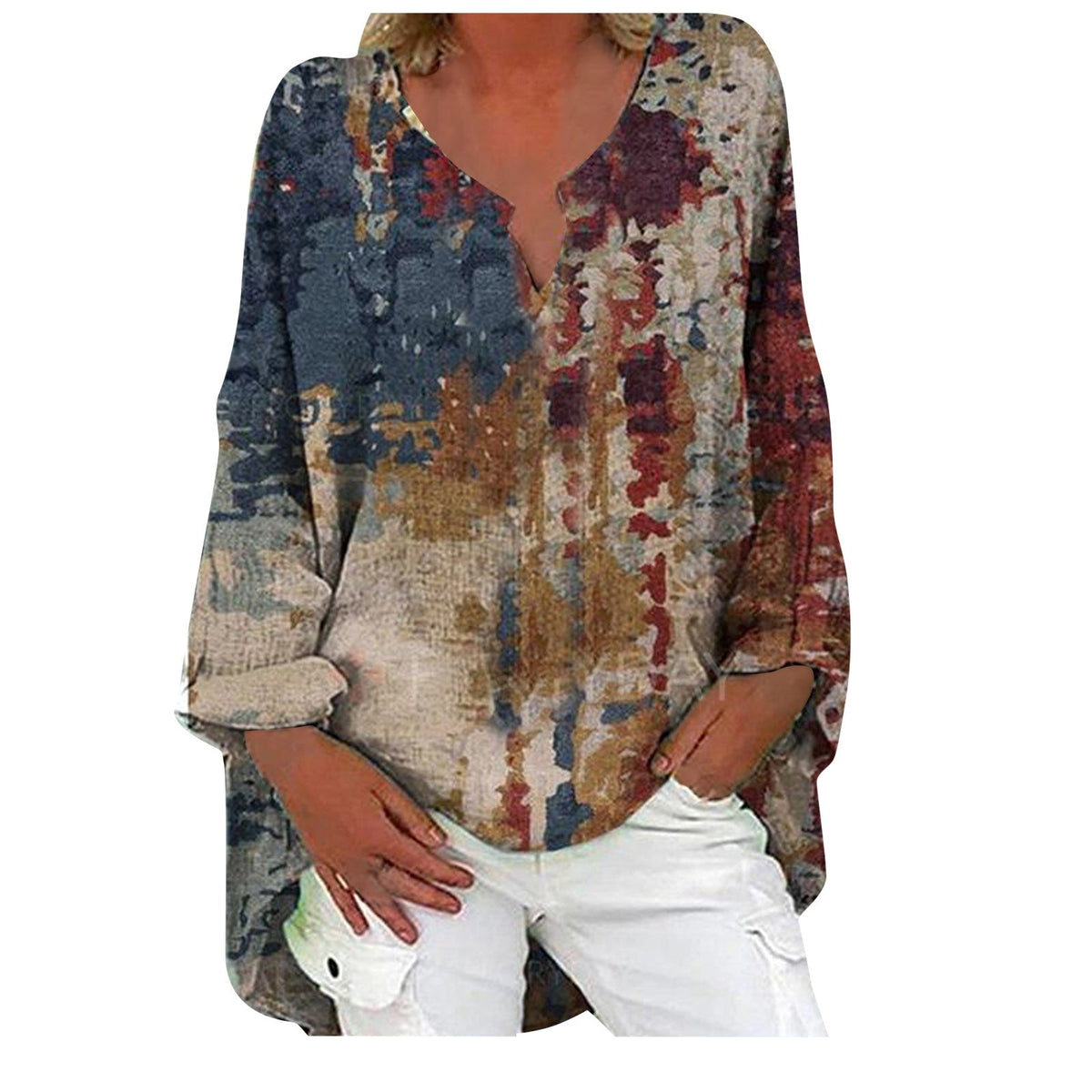 Printed Patchwork V-neck Long Sleeve Plus Size Dress