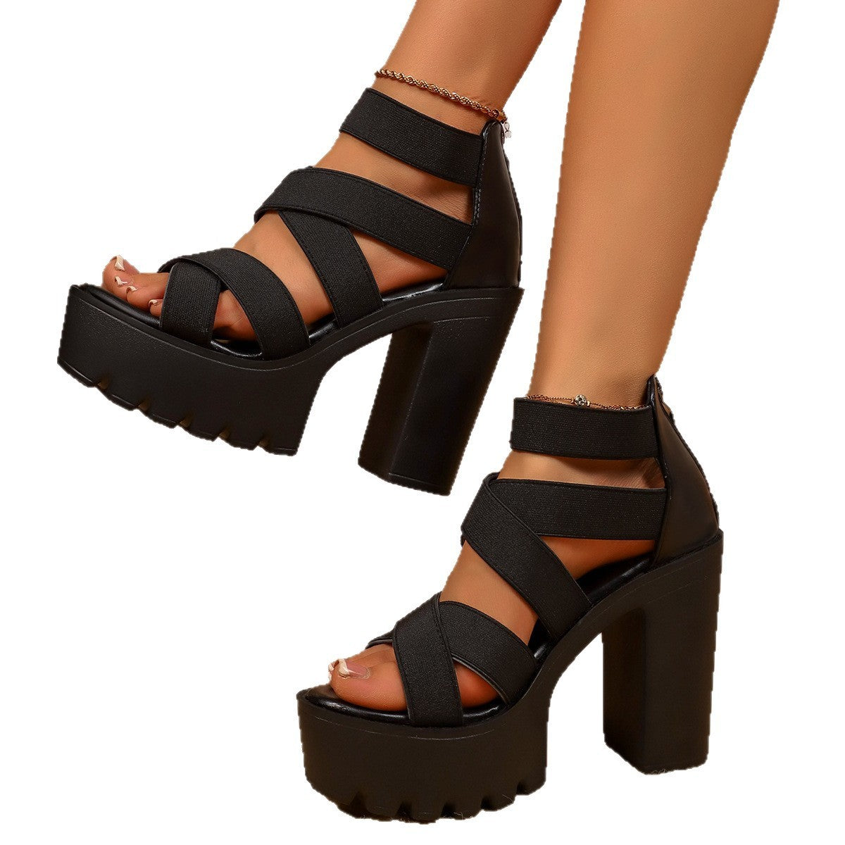 Women's Rubber Open Toe PU Platform High Heel Sandals