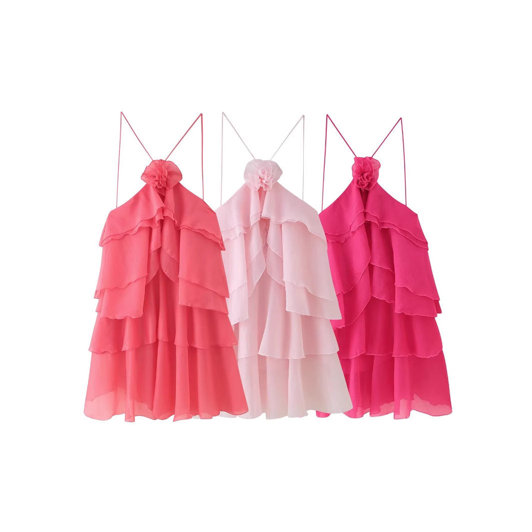 Fashion Three-dimensional Flower Decoration Laminated Ruffled Halter Dress