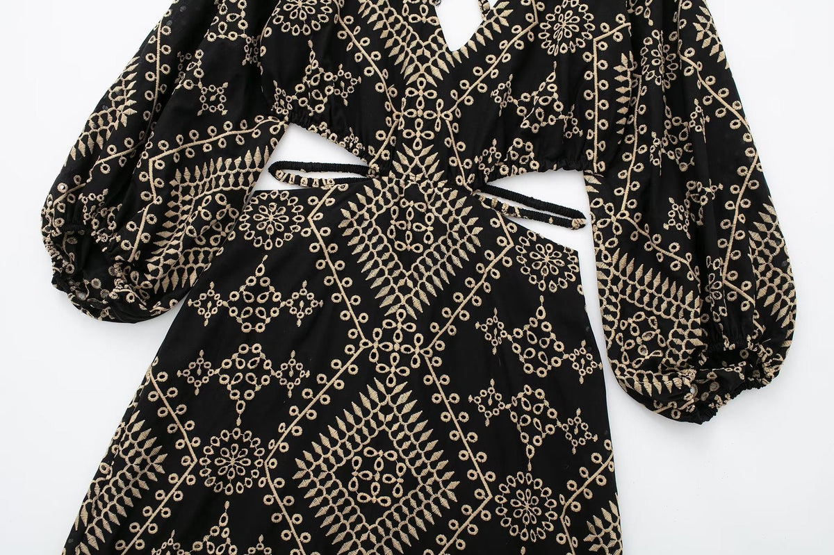 V-neck 34 Sleeves Backless Design Midi Dress