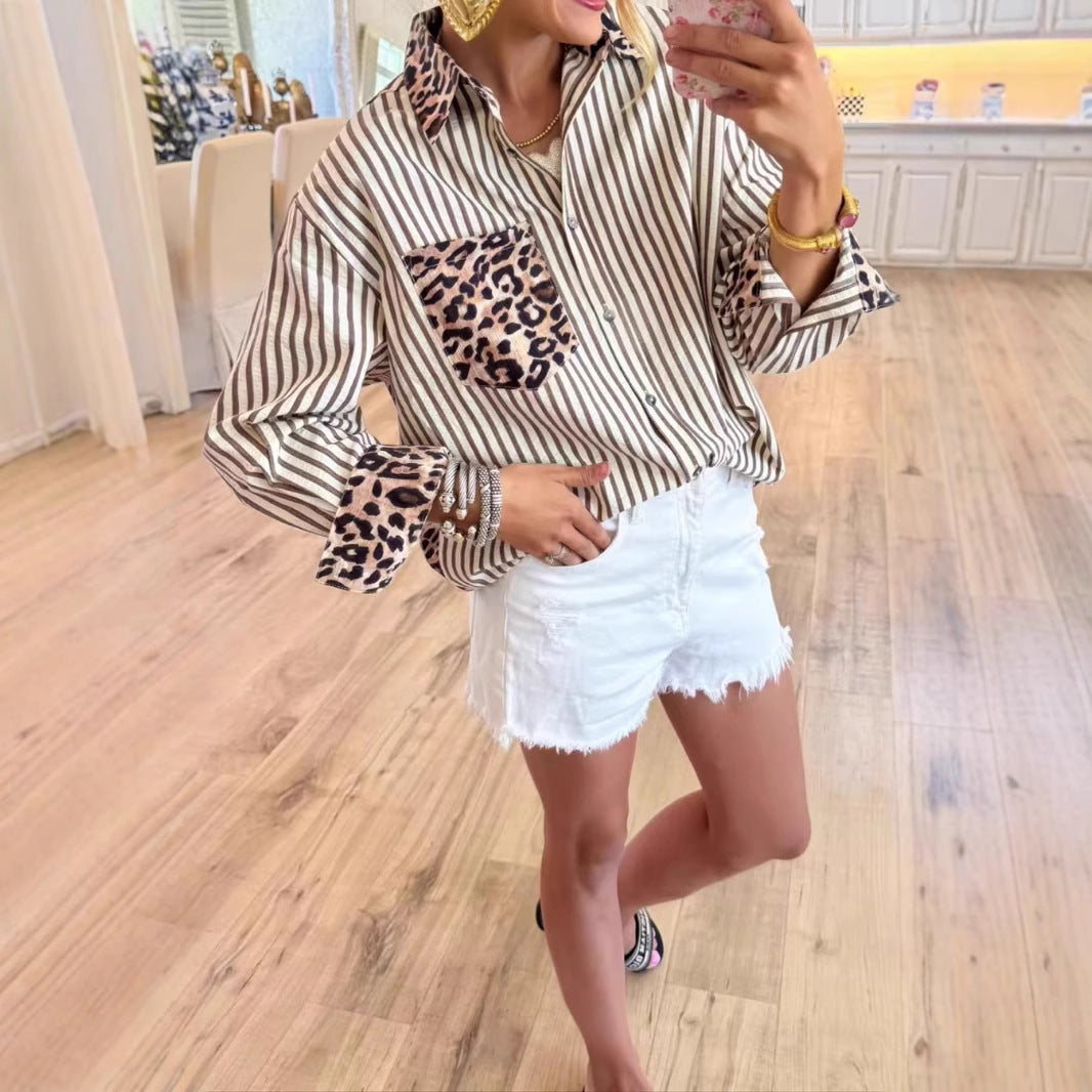Fashionable Casual Versatile Long-sleeve Leopard-print Patchwork Cardigan Striped Shirt
